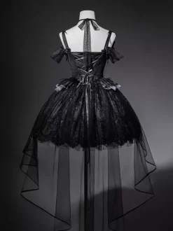Robe gothique Lolita noire à traîne cygne sans bretelles avec tour de cou et accessoires pour la tête