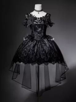 Robe gothique Lolita noire à traîne cygne sans bretelles avec tour de cou et accessoires pour la tête