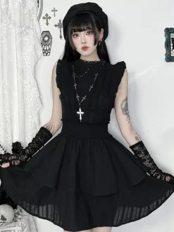 Robe gothique Lolita noire en dentelle à volants