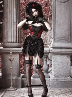 Robe gothique Lolita noire plissée en dentelle et blocs de couleurs
