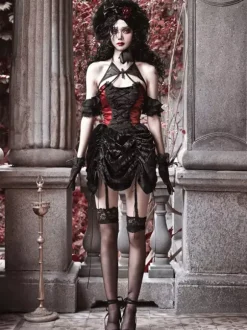 Robe gothique Lolita noire plissée en dentelle et blocs de couleurs
