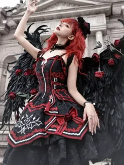 Robe gothique Lolita rouge et noire JSK à imprimé chauve-souris costume de jeu de rôle Dark Fantasy