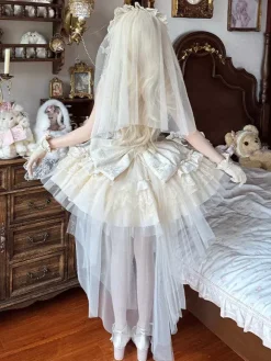 Robe Hime Sweet Lolita vert clair à manches courtes motif floral avec traîne en polyester style kawaii