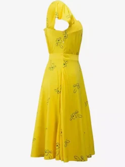 Robe jaune décontractée mi-longue à manches courtes et imprimé floral col carré manches courtes style midi.