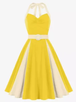 Robe jaune dos nu vintage swing avec ceinture blanche contrastante style rockabilly rétro années 50