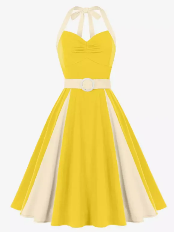 Robe jaune dos nu vintage swing avec ceinture blanche contrastante style rockabilly rétro années 50