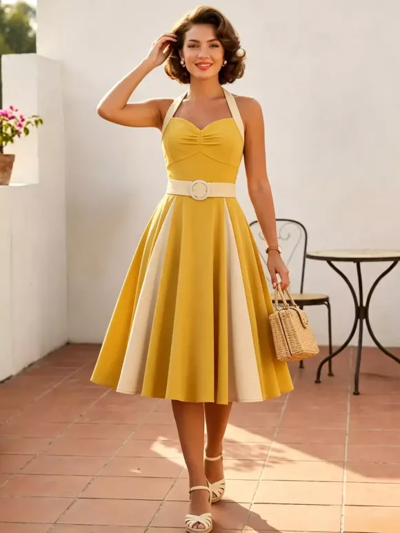 Robe jaune dos nu vintage swing avec ceinture blanche contrastante style rockabilly rétro années 50