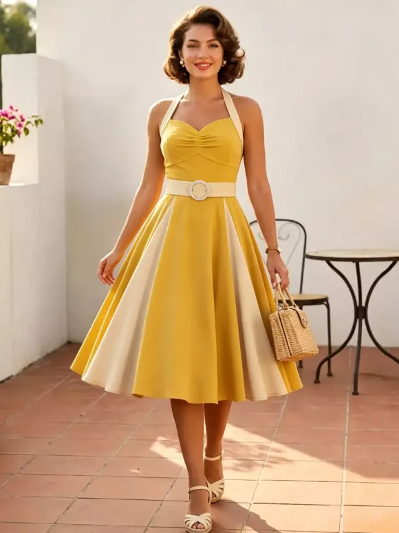 Robe jaune dos nu vintage swing avec ceinture blanche contrastante style rockabilly rétro années 50