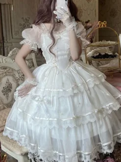 Robe Jumper Skirt Lolita Blanche Style Sweet JSK en Polyester avec Détails Dentelle et Manches Amovibles