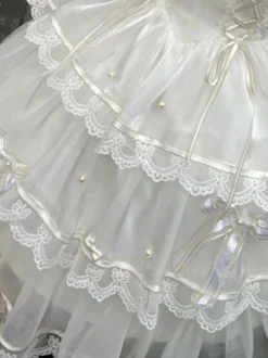 Robe Jumper Skirt Lolita Blanche Style Sweet JSK en Polyester avec Détails Dentelle et Manches Amovibles