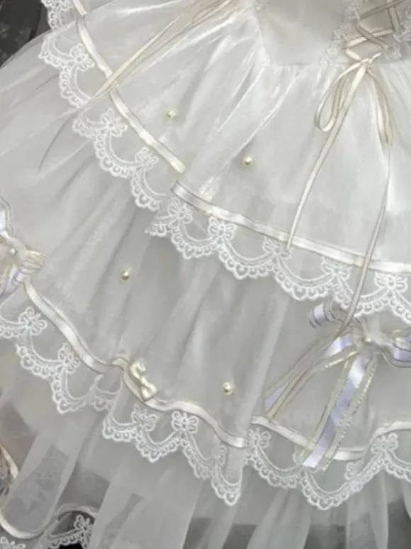Robe Jumper Skirt Lolita Blanche Style Sweet JSK en Polyester avec Détails Dentelle et Manches Amovibles