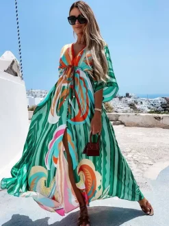 Robe kaftan géométrique pour femme - Robe maxi bohème à taille haute fendue et cordon de serrage - Tenue d'été pour la plage 2026