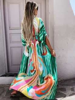 Robe kaftan géométrique pour femme - Robe maxi bohème à taille haute fendue et cordon de serrage - Tenue d'été pour la plage 2026