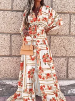 Robe kaftan géométrique pour femme - Robe maxi bohème à taille haute fendue et cordon de serrage - Tenue d'été pour la plage 2026