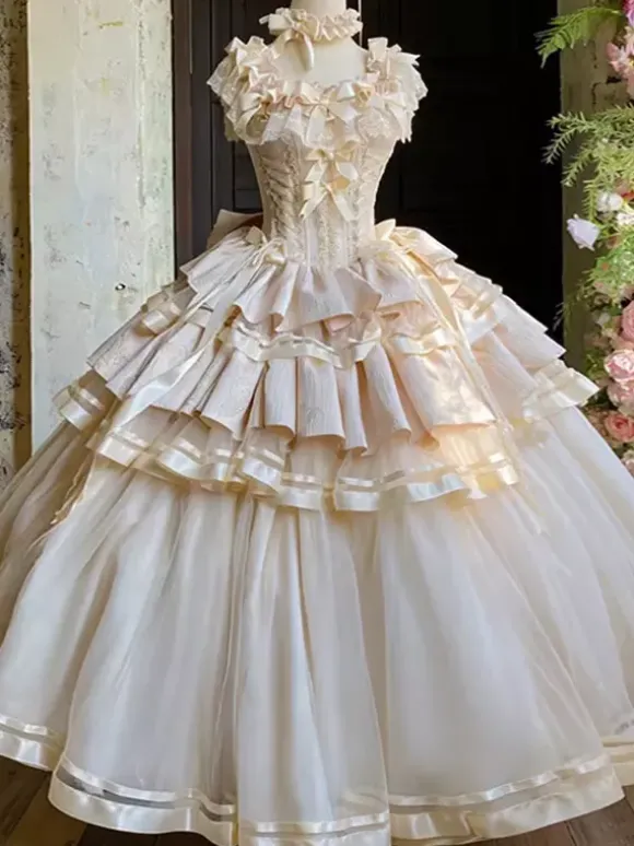Robe Lolita Champagne Fairy à lacets et n艙uds plusieurs couches robe Lolita pour tea party