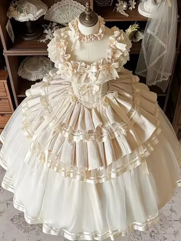 Robe Lolita Champagne Fairy à lacets et n艙uds plusieurs couches robe Lolita pour tea party