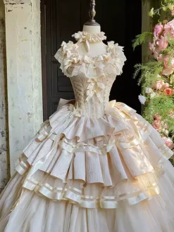 Robe Lolita Champagne Fairy à lacets et n艙uds plusieurs couches robe Lolita pour tea party