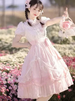 Robe Lolita Classique Manches Courtes Robes Imprimé Fleurie Rose Classique
