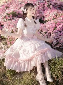 Robe Lolita Classique Manches Courtes Robes Imprimé Fleurie Rose Classique