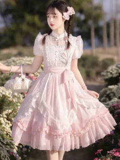 Robe Lolita Classique Manches Courtes Robes Imprimé Fleurie Rose Classique