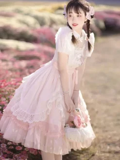 Robe Lolita Classique Manches Courtes Robes Imprimé Fleurie Rose Classique