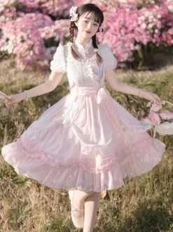 Robe Lolita Classique Manches Courtes Robes Imprimé Fleurie Rose Classique