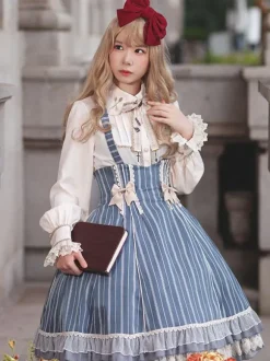 Robe Lolita Classique N艙uds En Coton Sans Manches Rayures Bleu Ciel Clair