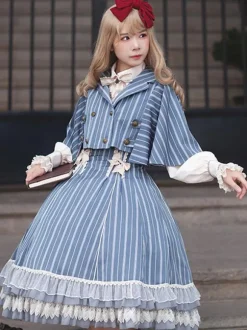 Robe Lolita Classique N艙uds En Coton Sans Manches Rayures Bleu Ciel Clair