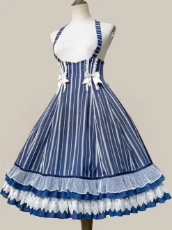 Robe Lolita Classique N艙uds En Coton Sans Manches Rayures Bleu Ciel Clair