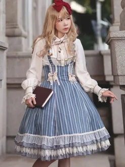 Robe Lolita Classique N艙uds En Coton Sans Manches Rayures Bleu Ciel Clair