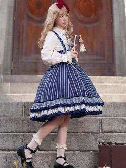 Robe Lolita Classique N艙uds En Coton Sans Manches Rayures Bleu Ciel Clair