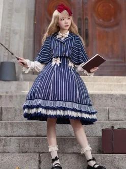 Robe Lolita Classique N艙uds En Coton Sans Manches Rayures Bleu Ciel Clair