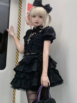 Robe Lolita Classique Polyester Manches Courtes Robes Lolita Classique Noir