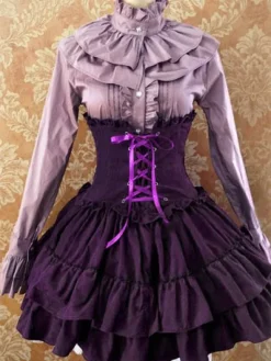 Robe Lolita Classique taille haute Jupe Mignonne en velours unicolore dentelle Déguisements
