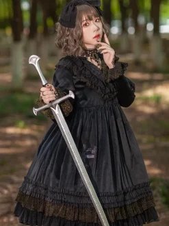 Robe Lolita Classique Velours Manches Longues Robes Lolita Noires