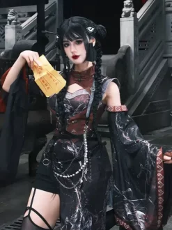 Robe Lolita de style chinois à manches longues croisées en polyester imprimé animal de style chinois noir rouge Lolita de style chinois