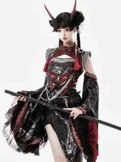 Robe Lolita de style chinois à manches longues croisées en polyester imprimé animal de style chinois noir rouge Lolita de style chinois