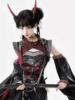 Robe Lolita de style chinois à manches longues croisées en polyester imprimé animal de style chinois noir rouge Lolita de style chinois