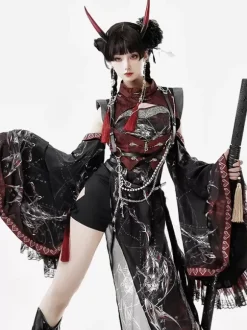 Robe Lolita de style chinois à manches longues croisées en polyester imprimé animal de style chinois noir rouge Lolita de style chinois