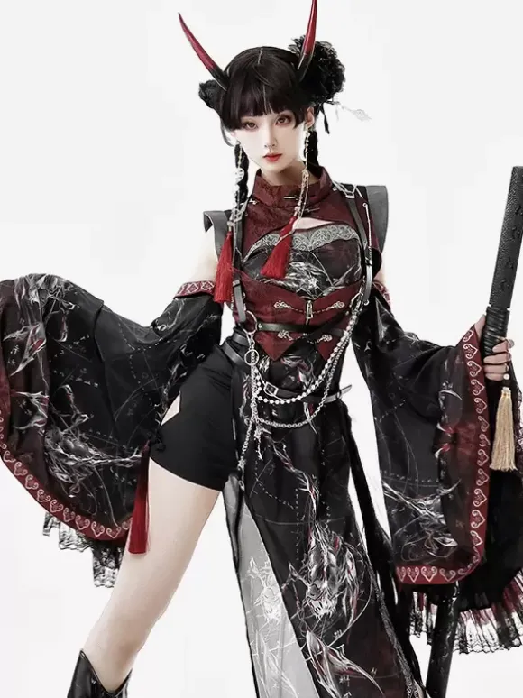 Robe Lolita de style chinois à manches longues croisées en polyester imprimé animal de style chinois noir rouge Lolita de style chinois