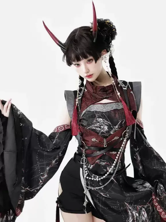 Robe Lolita de style chinois à manches longues croisées en polyester imprimé animal de style chinois noir rouge Lolita de style chinois