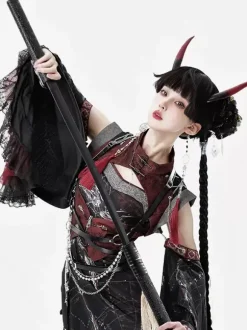 Robe Lolita de style chinois à manches longues croisées en polyester imprimé animal de style chinois noir rouge Lolita de style chinois