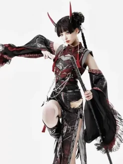 Robe Lolita de style chinois à manches longues croisées en polyester imprimé animal de style chinois noir rouge Lolita de style chinois