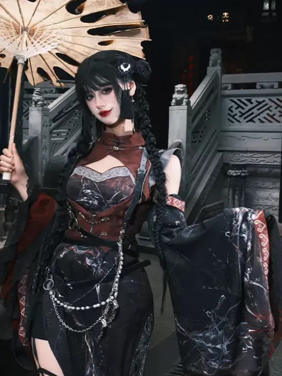 Robe Lolita de style chinois à manches longues croisées en polyester imprimé animal de style chinois noir rouge Lolita de style chinois