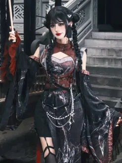 Robe Lolita de style chinois à manches longues croisées en polyester imprimé animal de style chinois noir rouge Lolita de style chinois