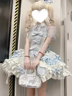 Robe Lolita Douce Ballet dos nu sans manches à volants et lacets bleue avec traîne