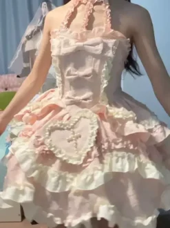 Robe Lolita Douce Ballet dos nu sans manches à volants et lacets bleue avec traîne