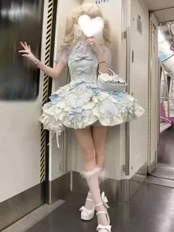 Robe Lolita Douce Ballet dos nu sans manches à volants et lacets bleue avec traîne
