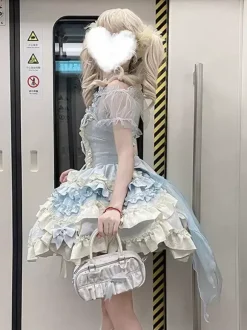 Robe Lolita Douce Ballet dos nu sans manches à volants et lacets bleue avec traîne