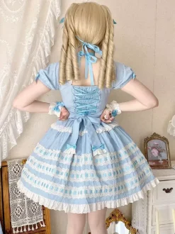 Robe Lolita douce bleu ciel clair manches courtes volants tenue décontractée en polyester style kawaii